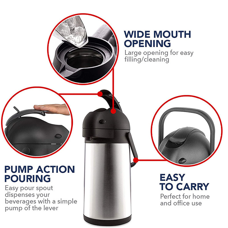 Various Capacities Available Coffee Airpot 1.9L 2.2L 2.5L 3.0L Stainless Steel Insulated Flask Thermal Coffee Carafe With Pump