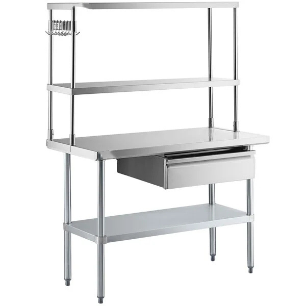 Stainless Steel Commercial Buffet Food Prep Table with Over Shelf Double Decks Restaurant Working Bench with Under Shelf Factory