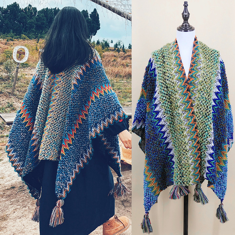 2023 Trendy Wholesale Travel Beachwear Outfits Tassels Bohemian Warm Knitted Beach Towels Ethnic Scarves & Shawls