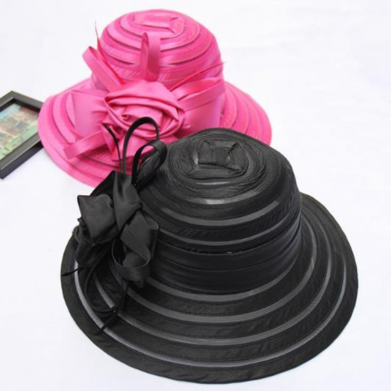 New Fashion Women Summer Organza Sun Hats Wide Brim With Big Flower Fedora Elegant Ladies Wedding Church Party Hat