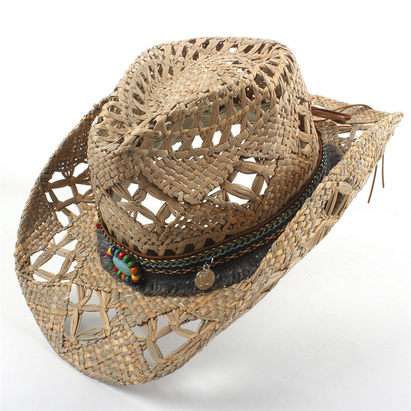 100% Natural Straw Hat Women Men Handmade Weave Cowboy For Lady Tassel Summer Western Sombrero Hombre Lifeguard Hats