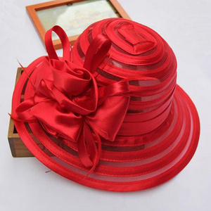 New Fashion Women Summer Organza Sun Hats Wide Brim With Big Flower Fedora Elegant Ladies Wedding Church Party Hat