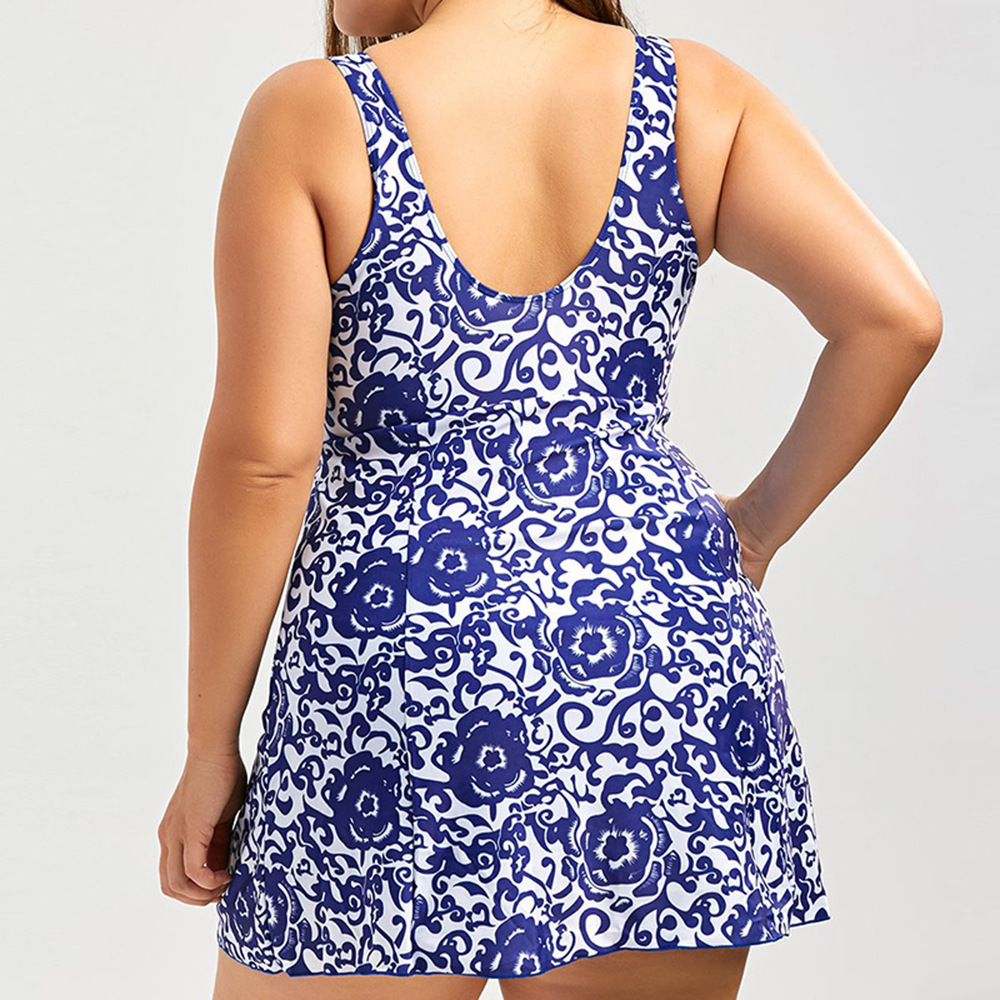 New Swimwear Europe And The United States Large Size Skirt Backless Bow Printed One-Piece Swimsuit