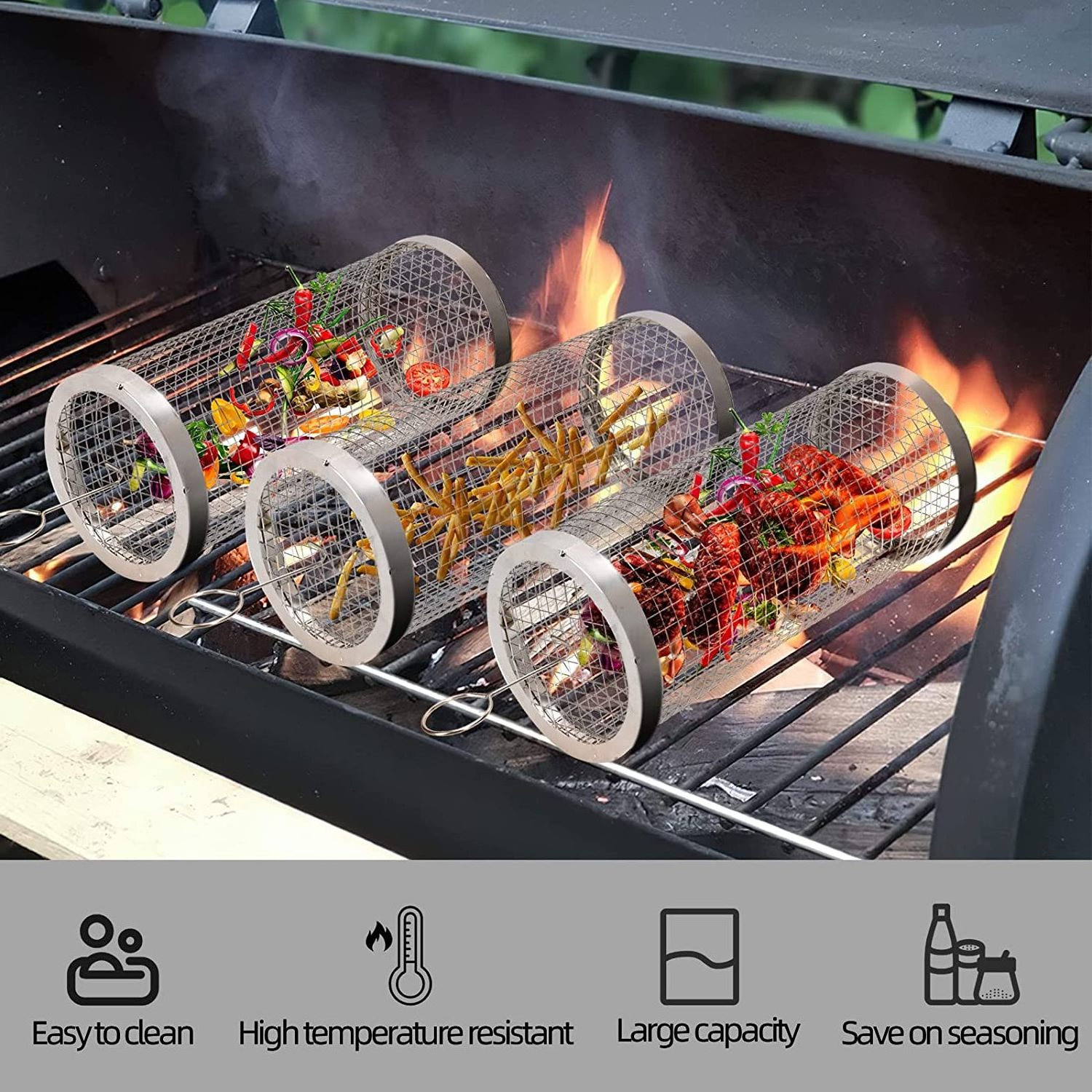 2023 New BBQ Net Tube Barbecue Grilling Basket Stainless Steel Wire Mesh Rolling Grilling Basket