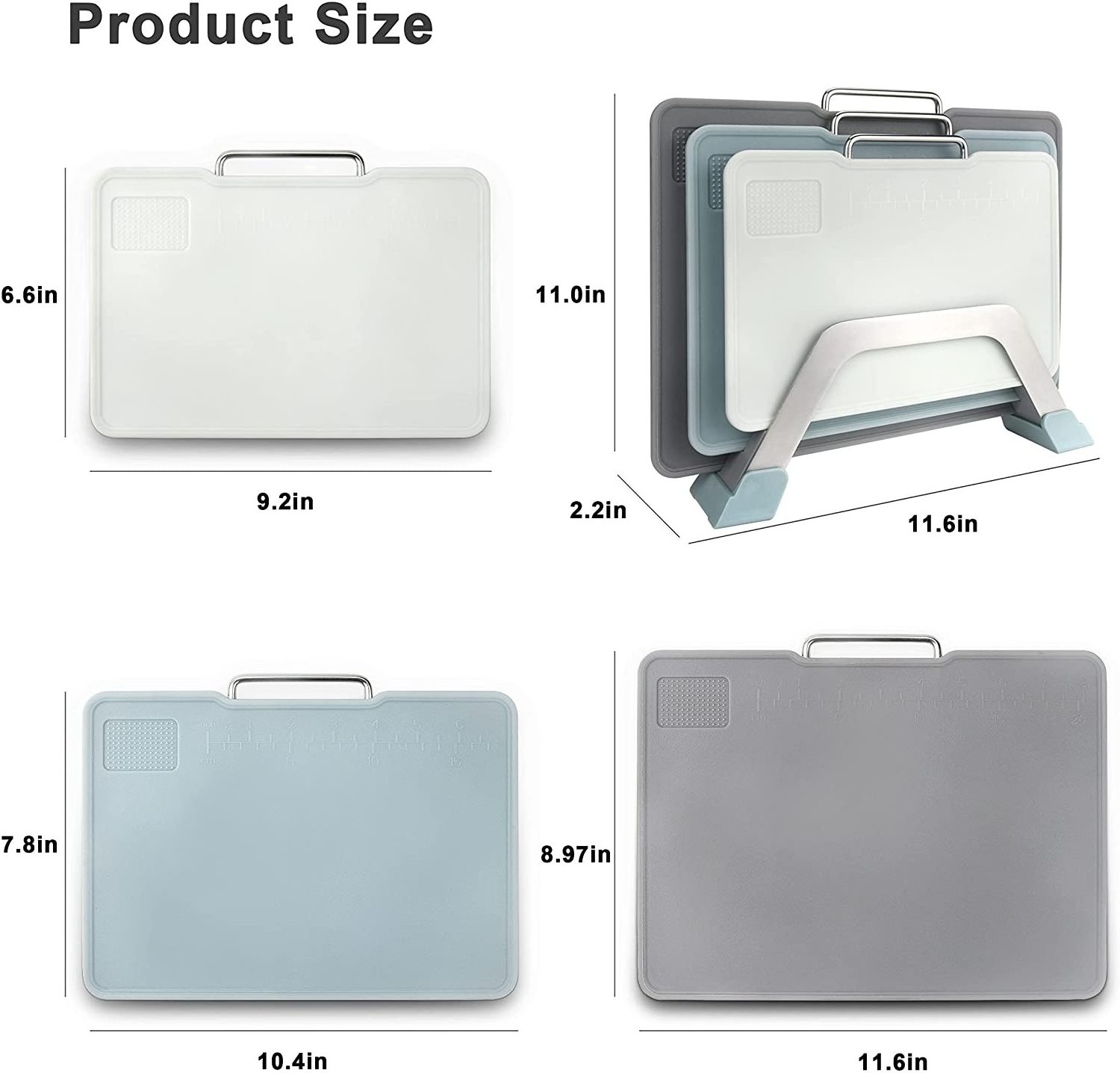 Cutting Board 3 Piece with Stainless Steel Stand Plastic Cutting Board Juice Grooves Hard Easy Grip Handle