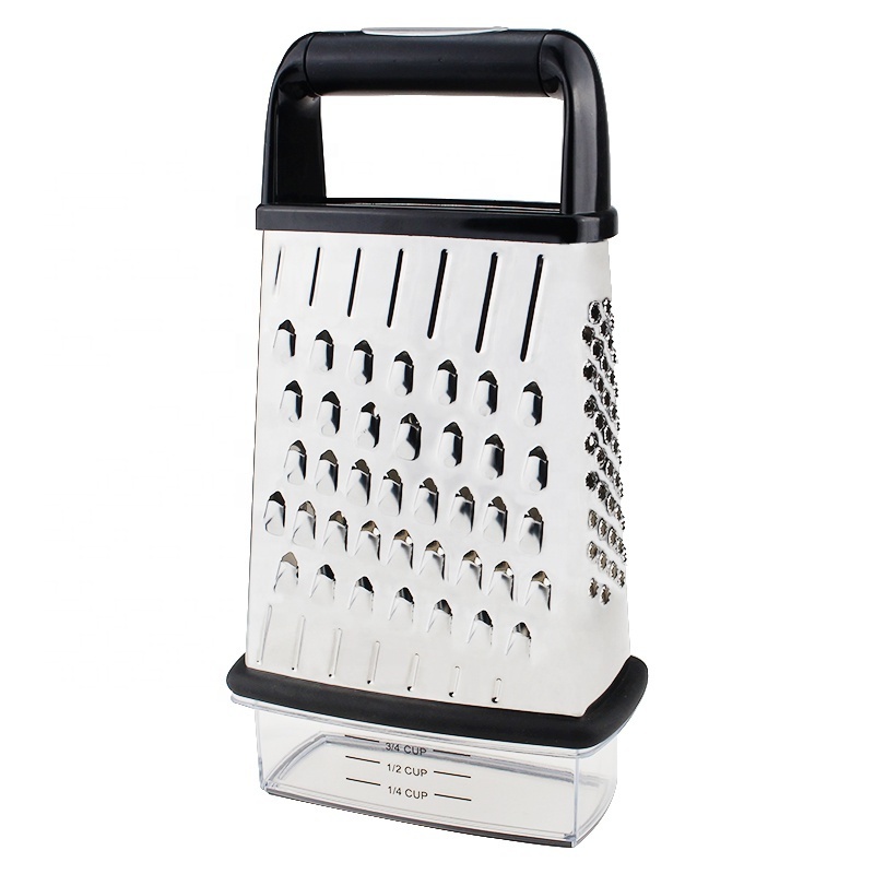 Stainless Steel 4 Sided Cheese Slicer Box Grater With Measuring Cup And Soft Handle