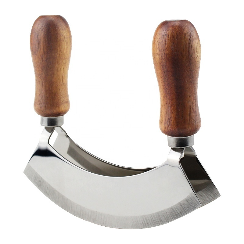 premium acacia wood mezzaluna chopper and mezzaluna knife with wooden handle