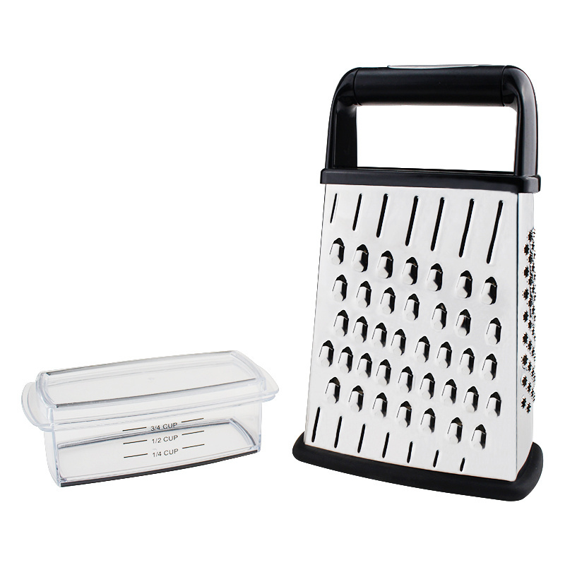 Stainless Steel 4 Sided Cheese Slicer Box Grater With Measuring Cup And Soft Handle