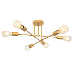 Ceiling Chandelier Lamp Gold 6-light Sputnik Semi Flush Mount Clsoe to Ceiling Light Mid Century Modern Style Metal Brown Box 60