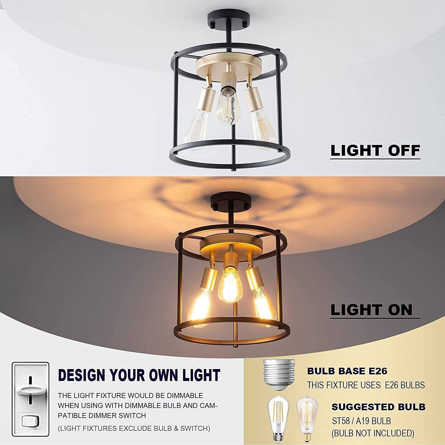 Industrial Semi Flush Mount Ceiling Light Fixture Lamparas Modernas 3-Light Farmhouse Vintage  Black Ceiling  Chandelier Lamp