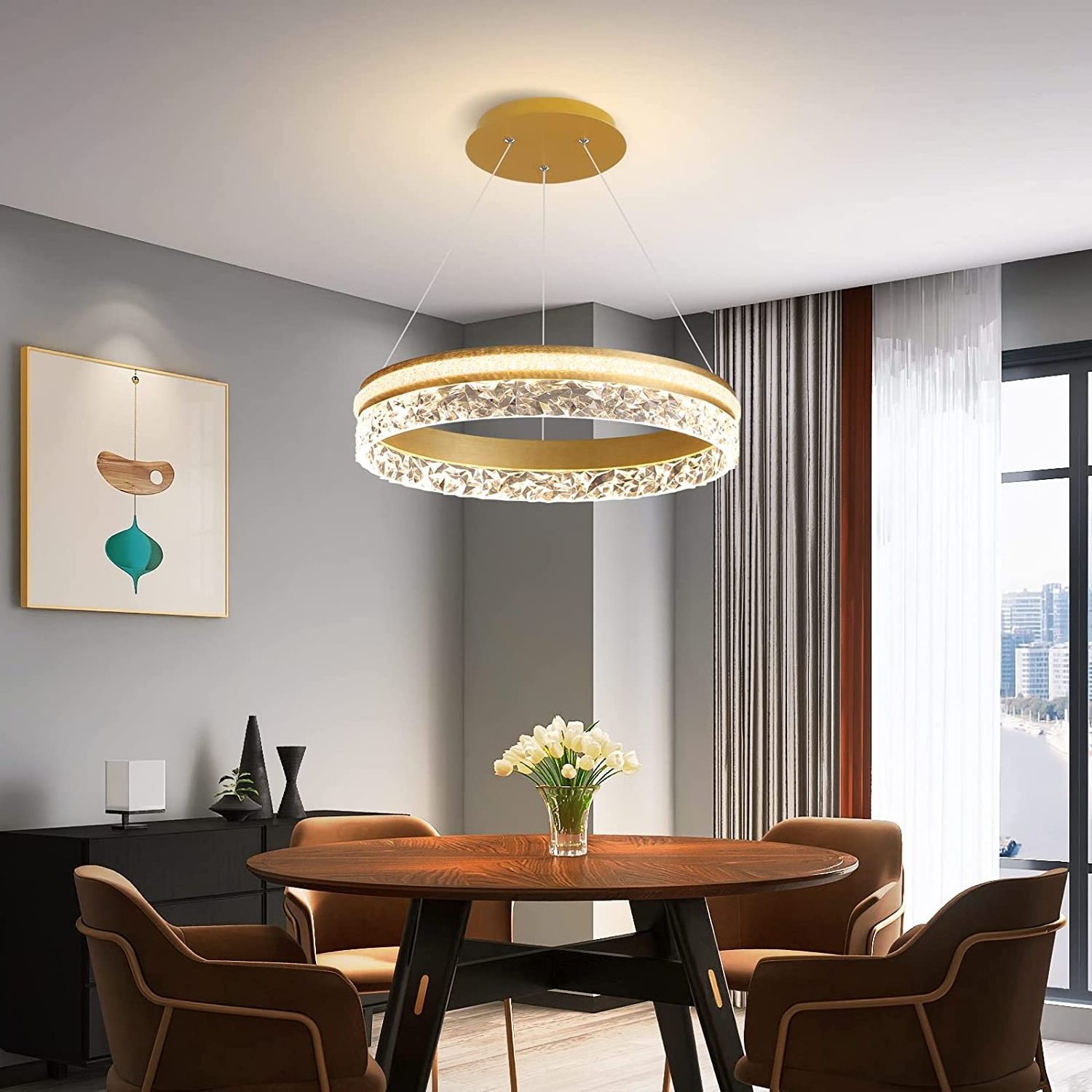 Modern LED Chandelier 50W Dimmable Lampara Colgante Cristal  Pendant Ceiling Light Gold Hanging  Fixed Fixture  for Living room