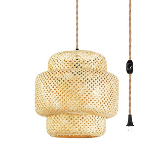 Rattan Plug Pendant Light Bamboo Pendant Light With Plug Wicker Suspension Lamp Dimmable Hand Woven Boho Basket Pendant Light