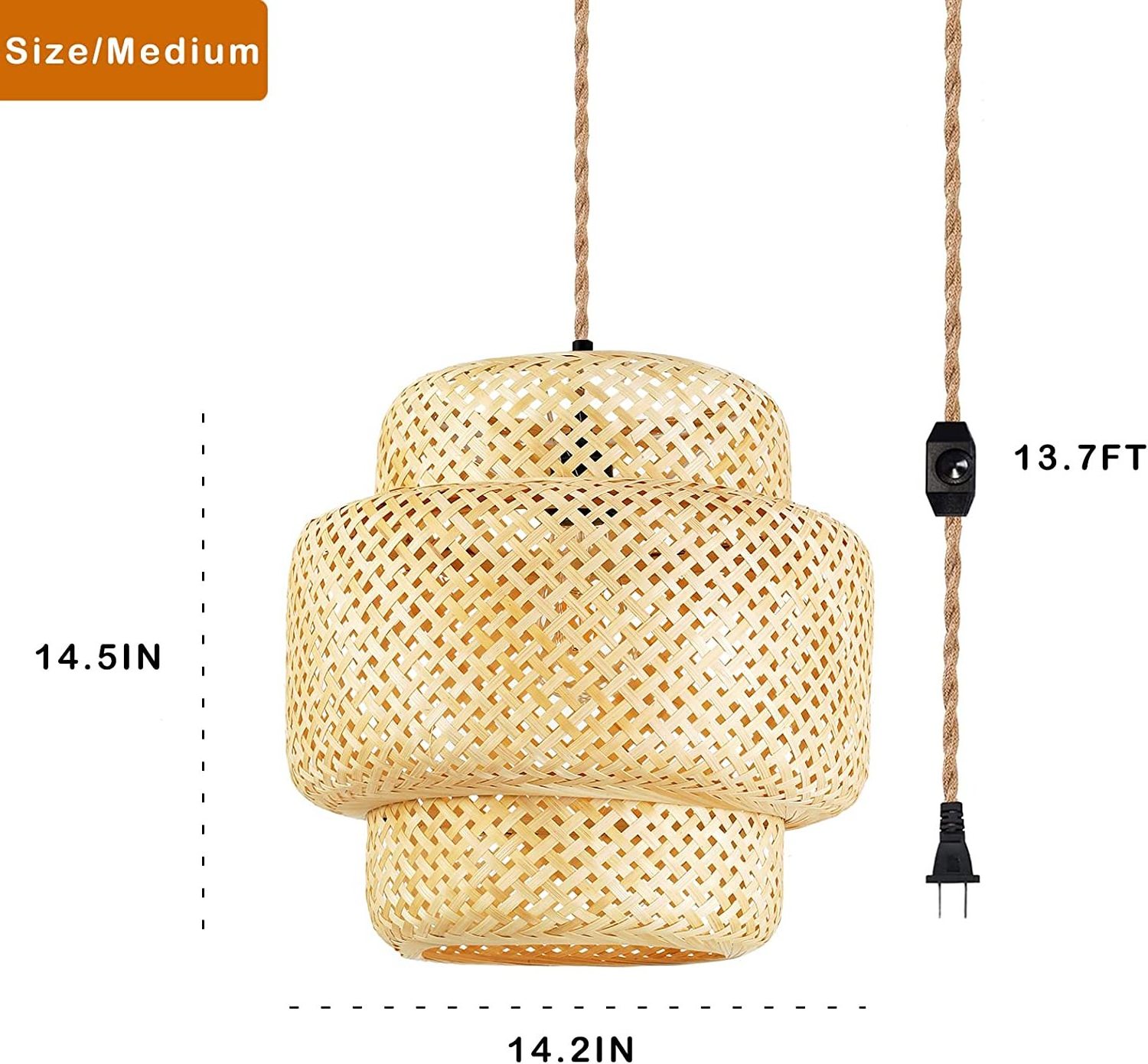 Rattan Plug Pendant Light Bamboo Pendant Light With Plug Wicker Suspension Lamp Dimmable Hand Woven Boho Basket Pendant Light