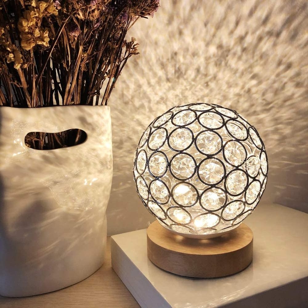 Dimmable Modern Night Light Bedroom Living Room Crystal USB Table Lamp Silver Crystal Ball with Wooden Base Bedside Table Lamp