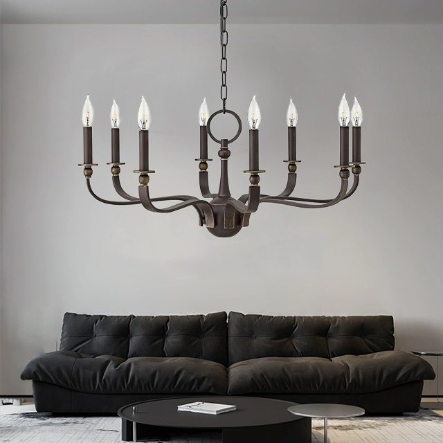 Industrial Style Retro Interior Decoration Black Wrought Iron 8 Candles Chain Led Chandeliers