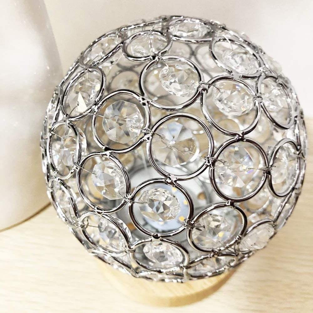 Dimmable Modern Night Light Bedroom Living Room Crystal USB Table Lamp Silver Crystal Ball with Wooden Base Bedside Table Lamp