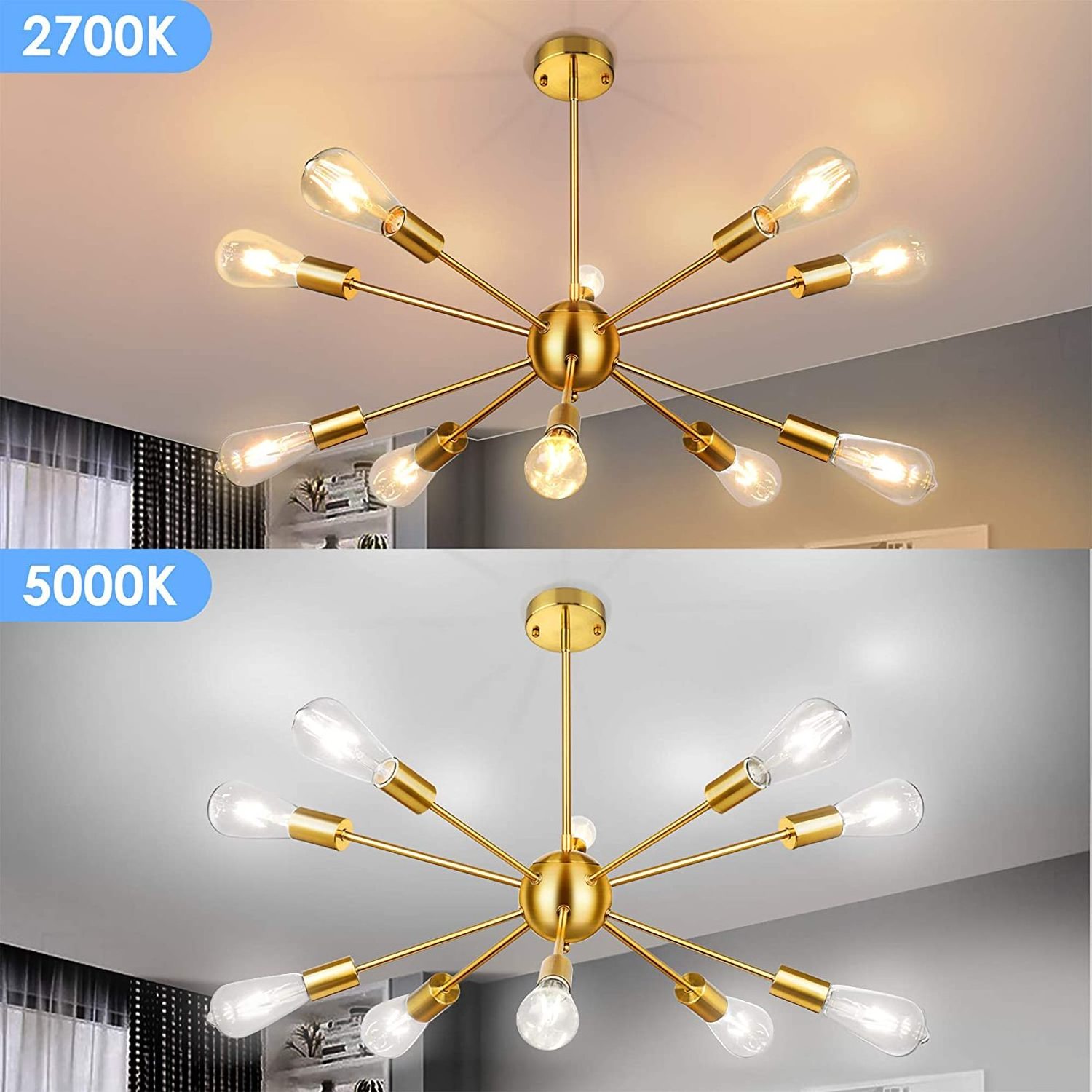 Adjustable Height Dimmable 10-Light E26 Bulbs 60W Modern Pendant Lamp Golden Lamparas Colgantes Sputnik Led Chandeliers