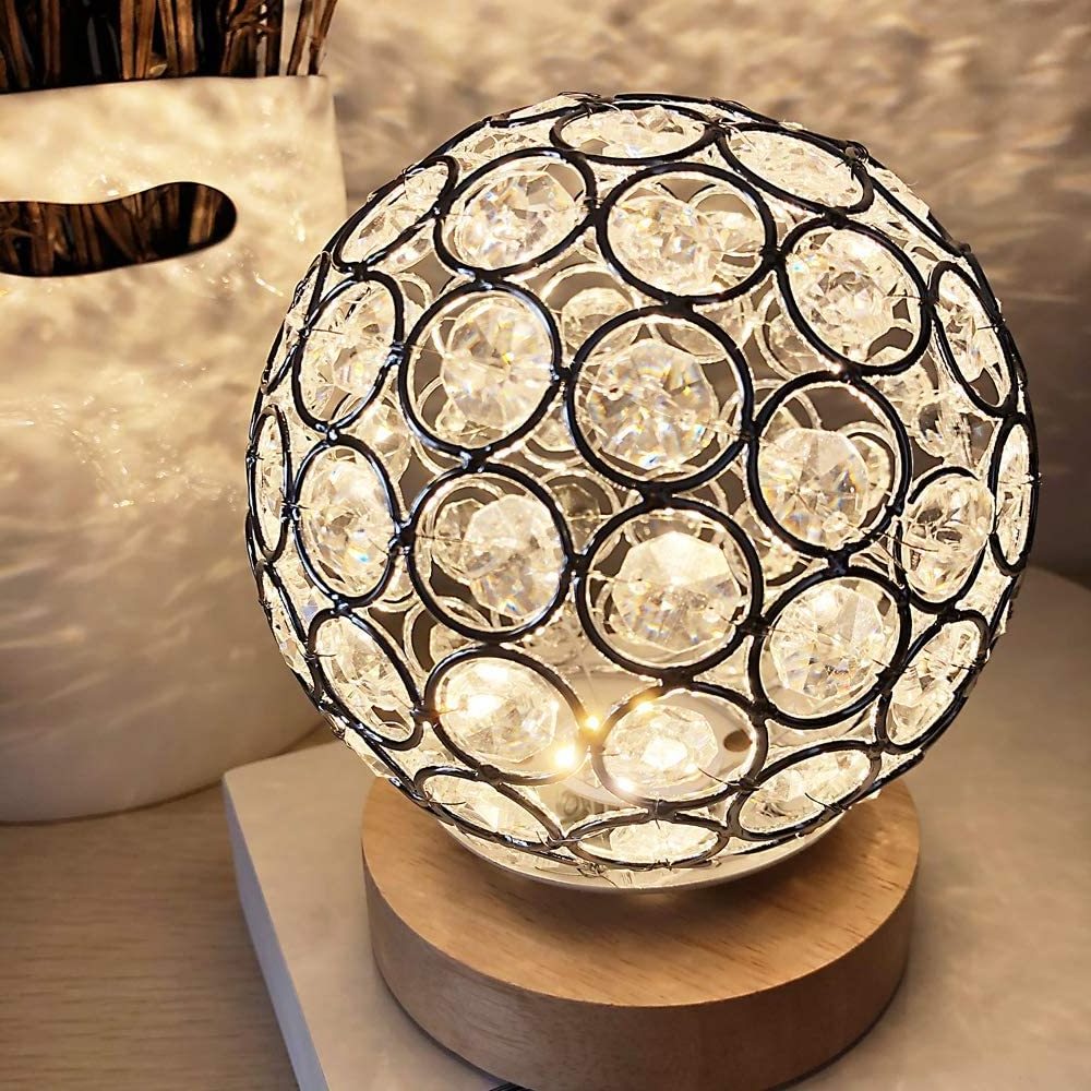 Dimmable Modern Night Light Bedroom Living Room Crystal USB Table Lamp Silver Crystal Ball with Wooden Base Bedside Table Lamp