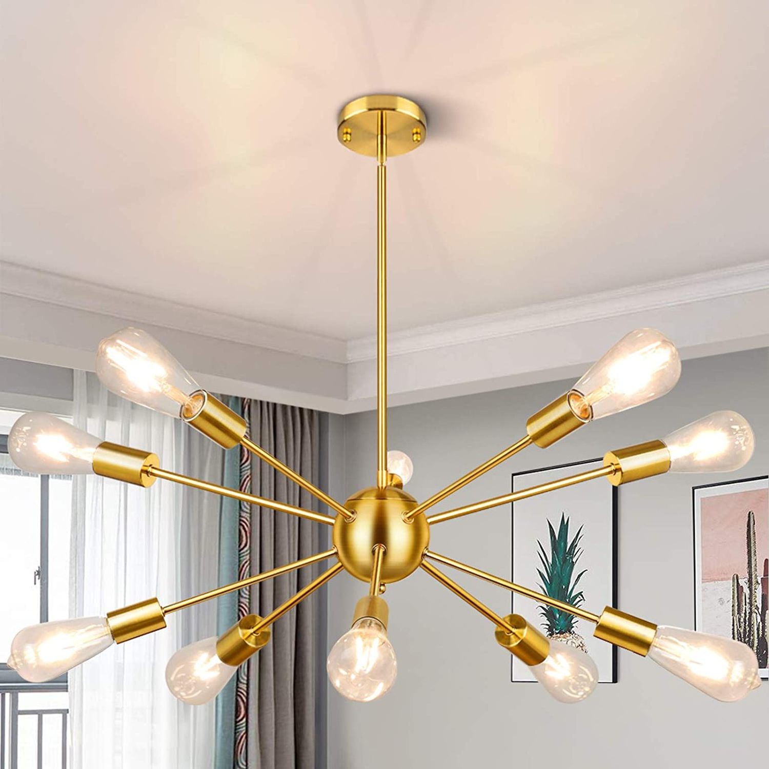 Adjustable Height Dimmable 10-Light E26 Bulbs 60W Modern Pendant Lamp Golden Lamparas Colgantes Sputnik Led Chandeliers