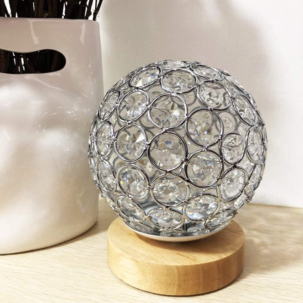 Dimmable Modern Night Light Bedroom Living Room Crystal USB Table Lamp Silver Crystal Ball with Wooden Base Bedside Table Lamp