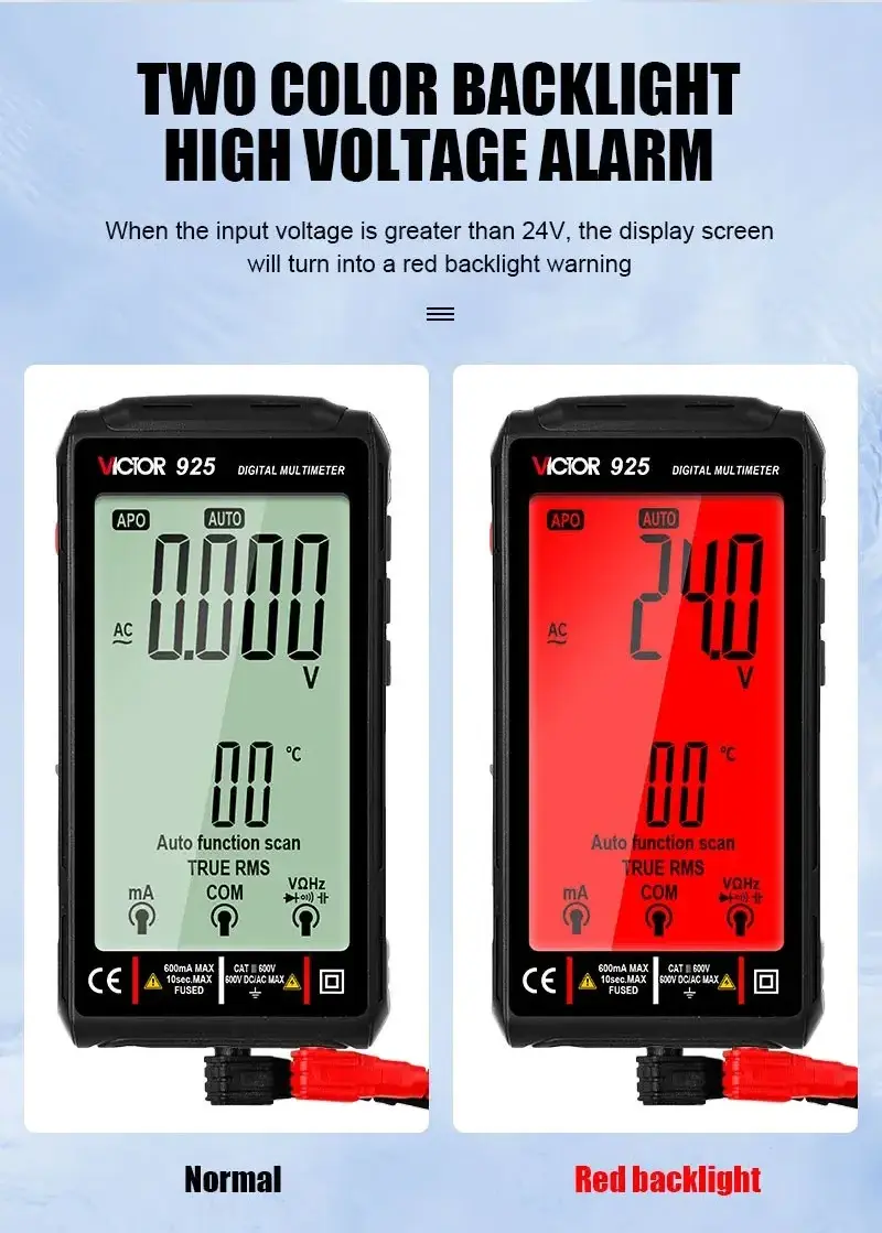 VICTOR 925 Digital Smart Multimeter 9999 Large LCD Display with NCV Diode DC AC 600v 600mA 3.7V 500mAh Lithlum Battery