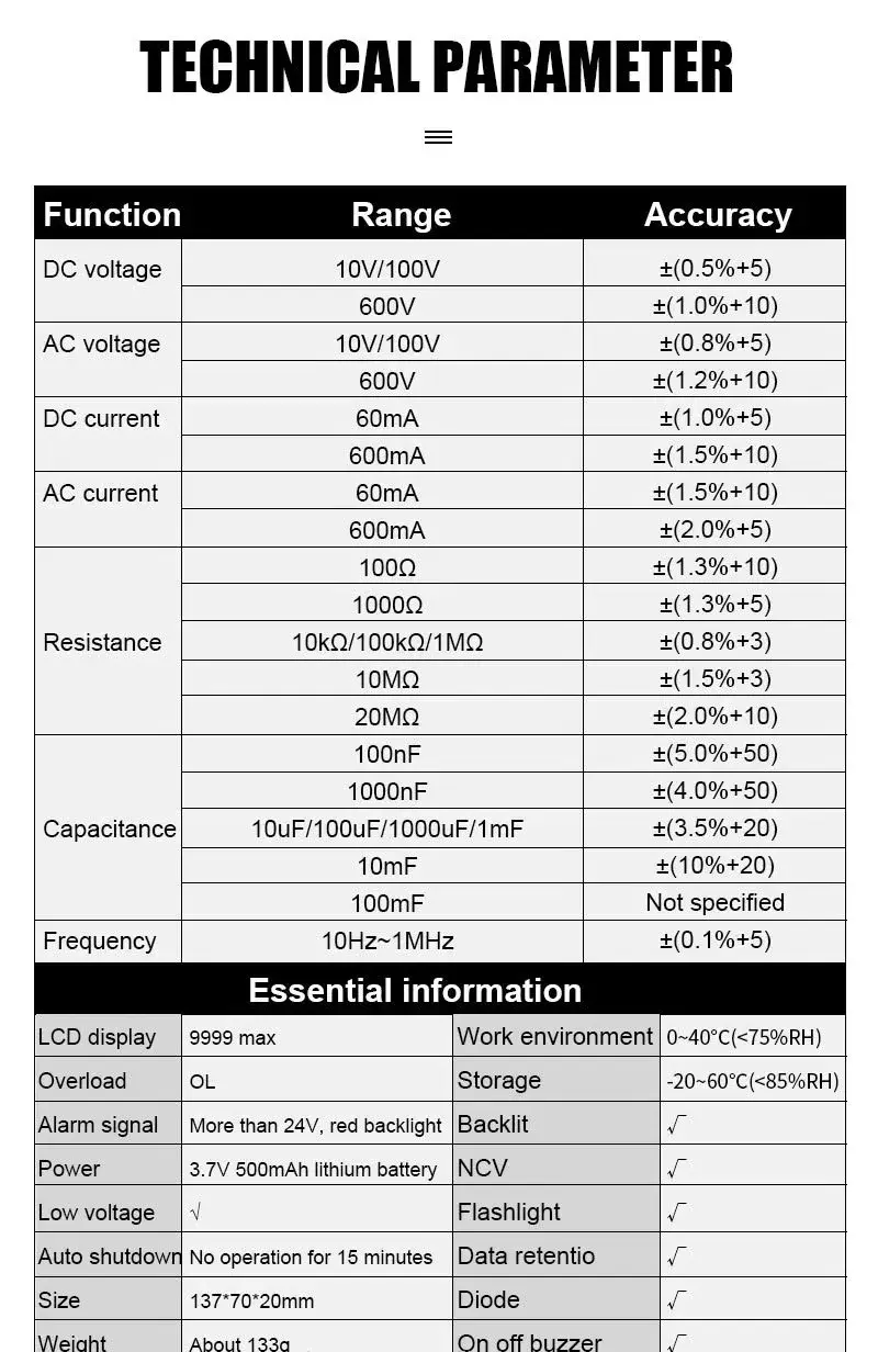 VICTOR 925 Digital Smart Multimeter 9999 Large LCD Display with NCV Diode DC AC 600v 600mA 3.7V 500mAh Lithlum Battery