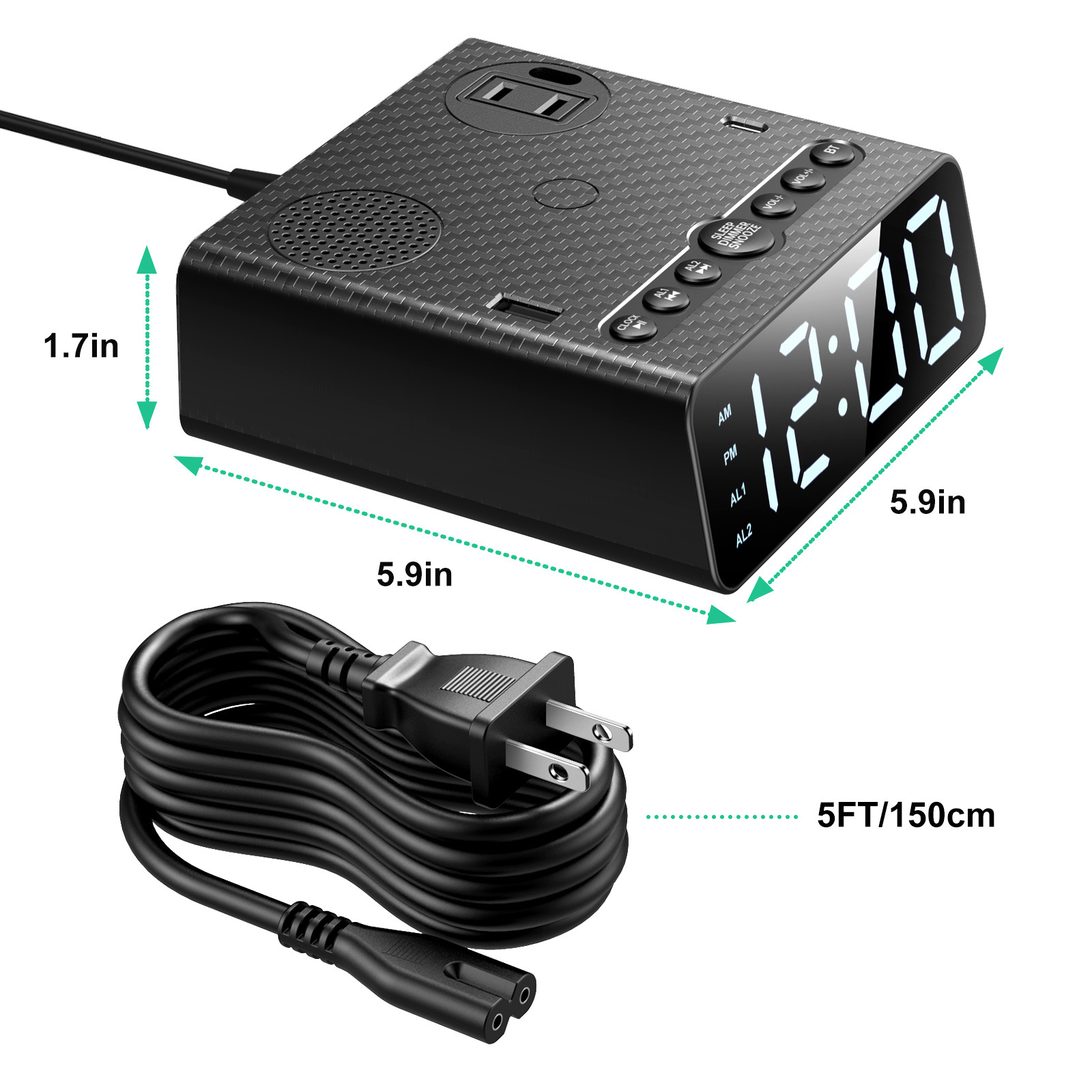 Supply Outlet USB Ports Charger Charging Vibrating alarm clock with Bed Shaker Dimmable Display  BT Wireless Speaker Alarm Clock