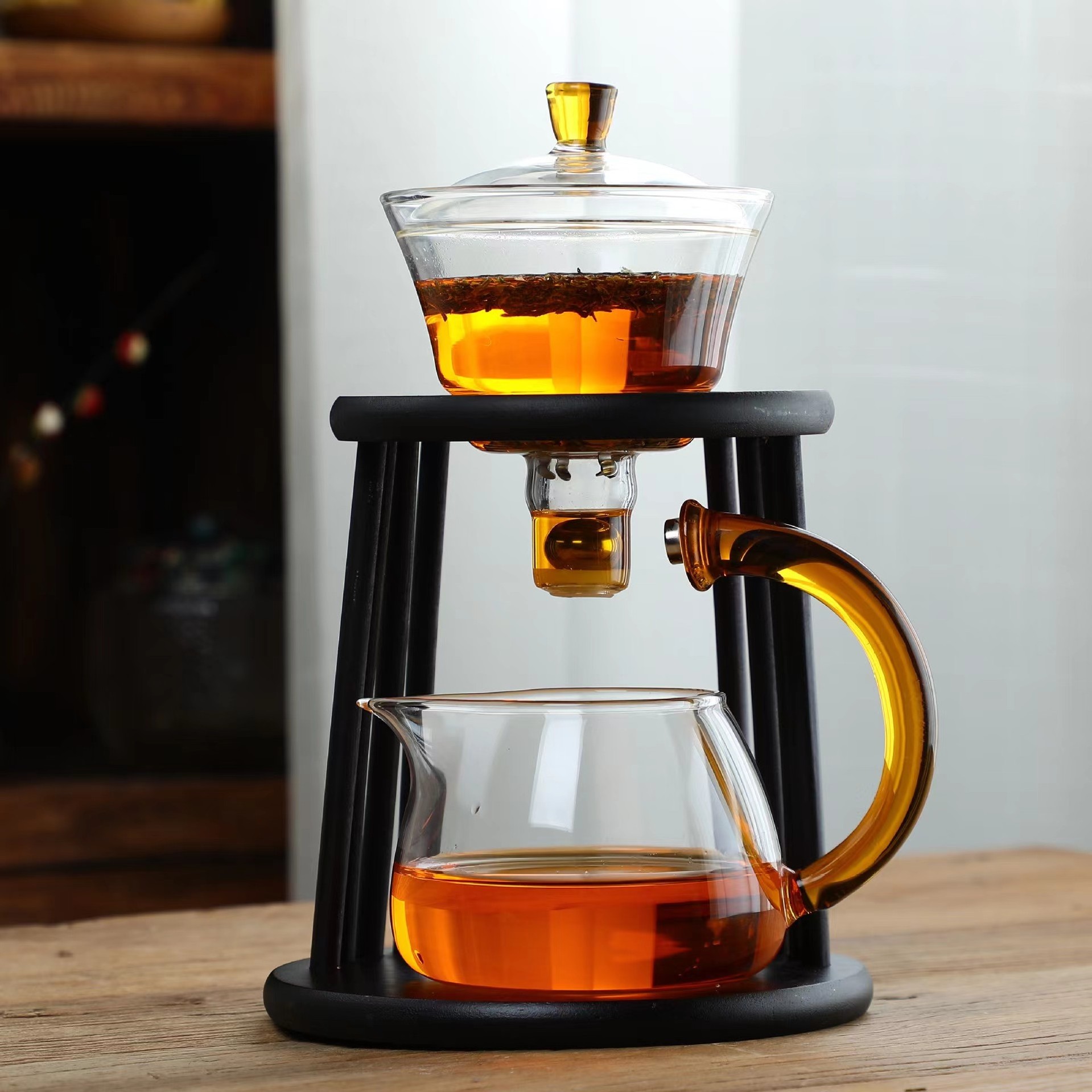 heat-resistant glass coffee tea pot set wooden frame tea maker