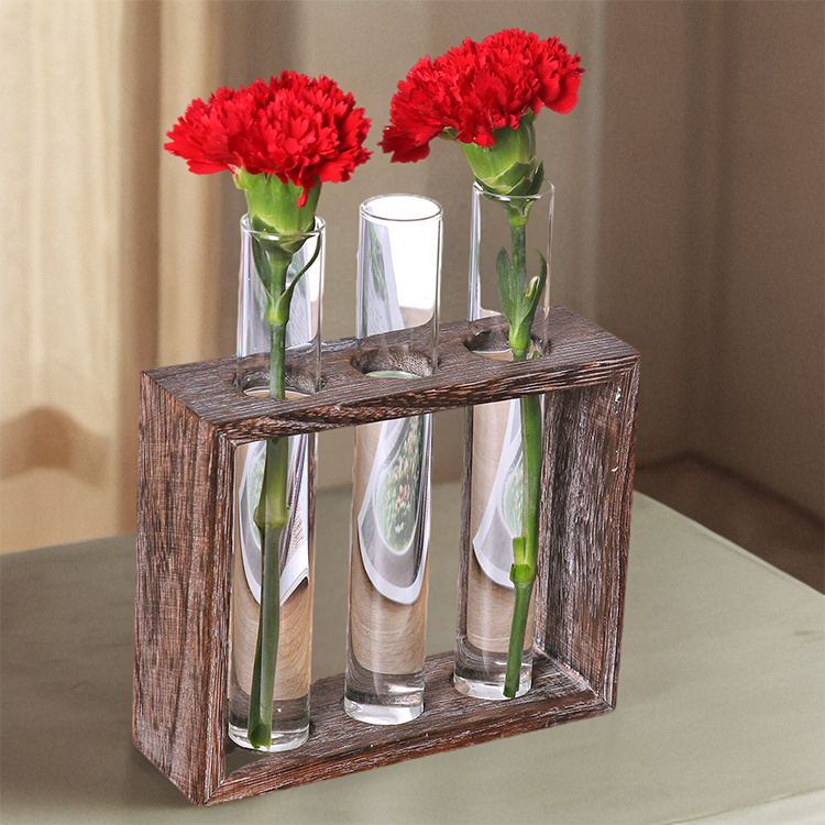 New Arrivals Wooden Stand with 5 Test Tube Photo Frame Vase Wall Hanging Glass Planter Terrarium Home Office Decor