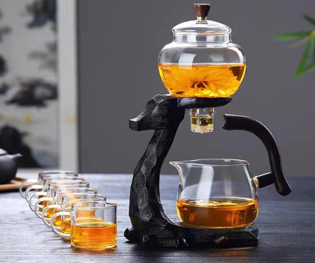 heat-resistant glass coffee tea pot set wooden frame tea maker