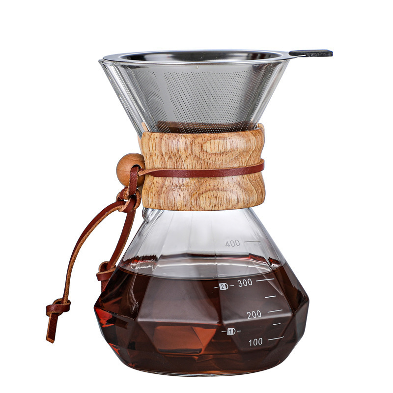 Diamond Wood Chip Coffee Pot Glass   with Funnel Pot Household coffee Brewing teapot