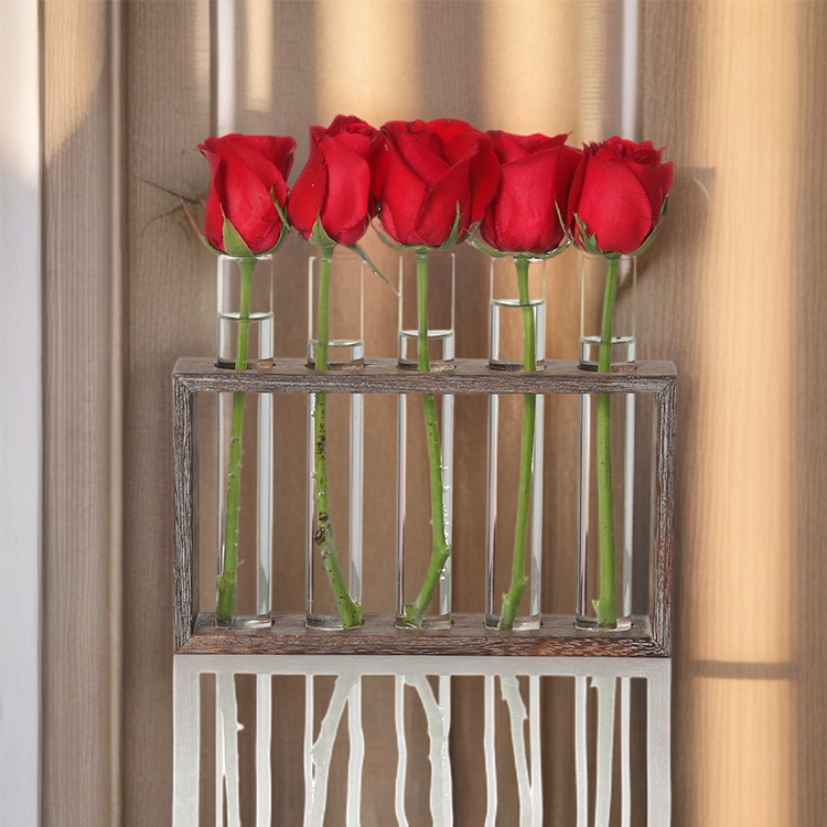 New Arrivals Wooden Stand with 5 Test Tube Photo Frame Vase Wall Hanging Glass Planter Terrarium Home Office Decor