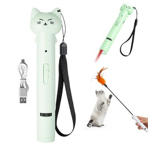 Custom Portable USB Pet Training Tool Cat Laser Toy Removable Cat Teaser Wand Interactive Cat Toys with Feathers & Bells