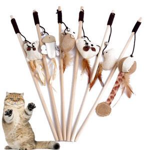 Wholesale 40cm Pet Cat Teaser Feather Linen Wand Cat Catcher Teaser Stick Pet Interactive Toys Wood Rod Mouse Toy Cat Toys