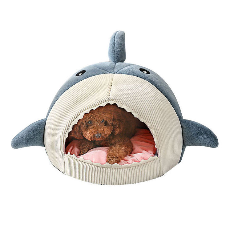 Wholesale Cute Shark Shape Pet Nest Winter Warm Semi Closed Cat Cave Pet Bed