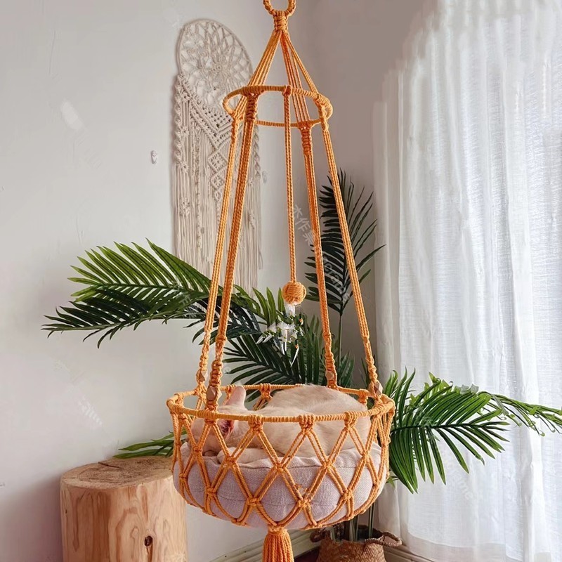 Handwoven Cat Macrame Hanging Sleep Hammock Pet Swing Bed For Cat And Dog Cotton Rope Hanging Tassel Basket Cat Hammock