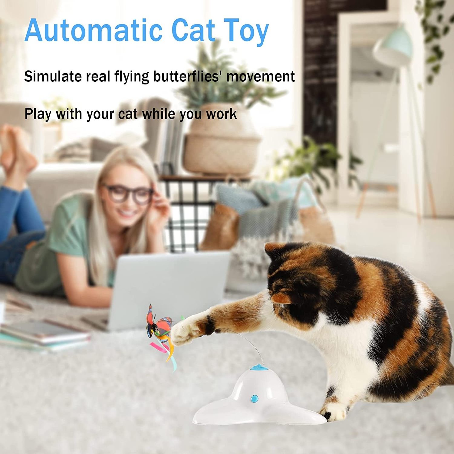 Automatic Electric Rotating Kitten Toys Battery Butterfly Teaser Stick Cat Interactive Toys