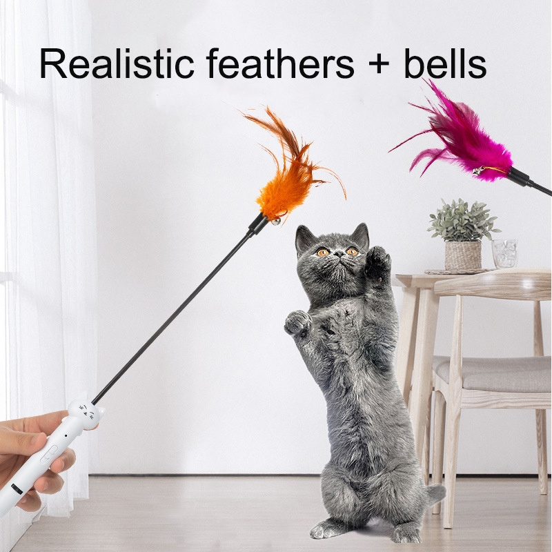 Custom Portable USB Pet Training Tool Cat Laser Toy Removable Cat Teaser Wand Interactive Cat Toys with Feathers & Bells