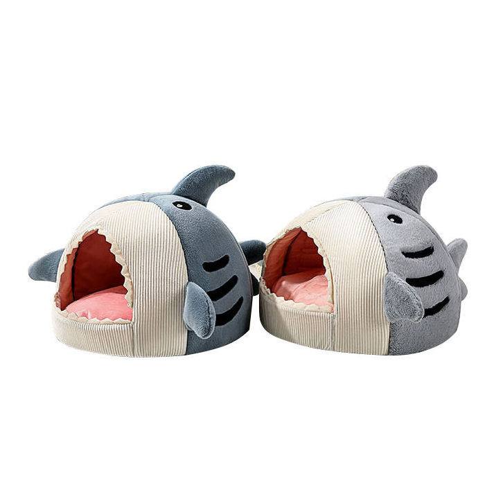 Wholesale Cute Shark Shape Pet Nest Winter Warm Semi Closed Cat Cave Pet Bed