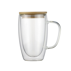 big double glass cup 550ml  double wall 16oz cup and lid  lid with silicone ring hot drinking mug