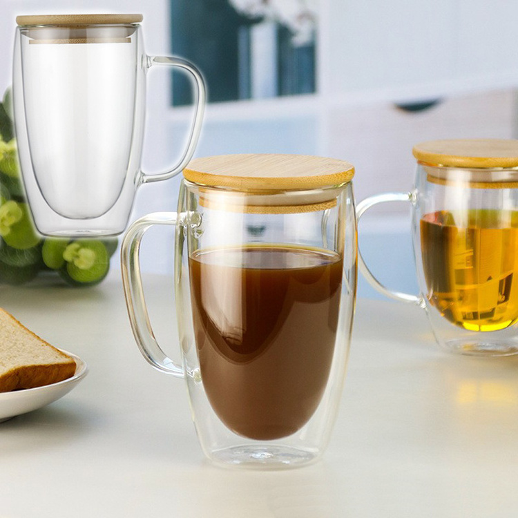 big double glass cup 550ml  double wall 16oz cup and lid  lid with silicone ring hot drinking mug