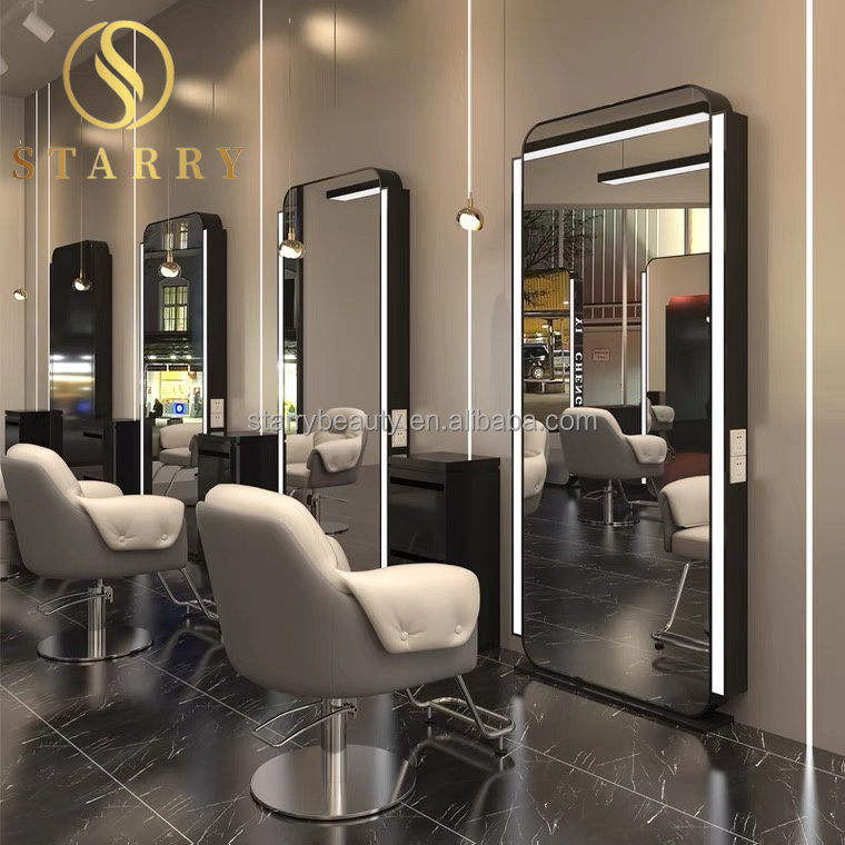 LED Luxury Light floor LED Cabinet Hair Beauty Salon furniture Barber Mirror Station