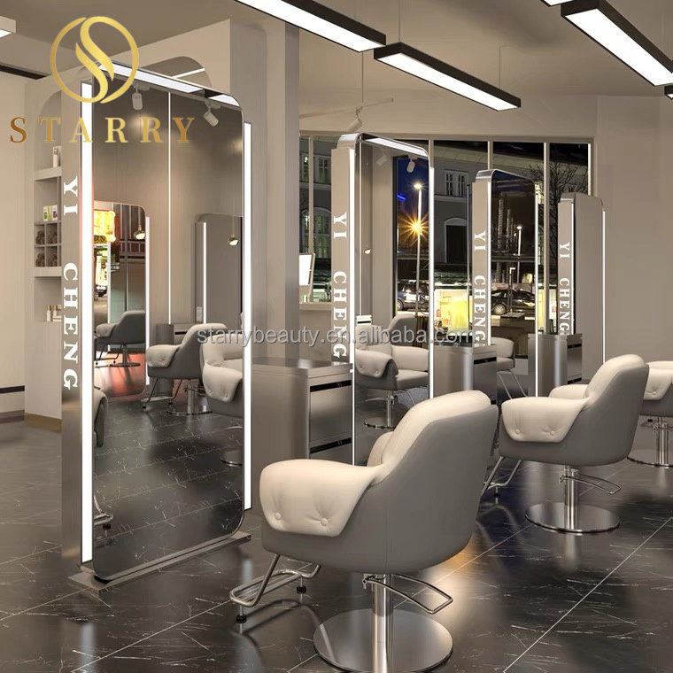 LED Luxury Light floor LED Cabinet Hair Beauty Salon furniture Barber Mirror Station