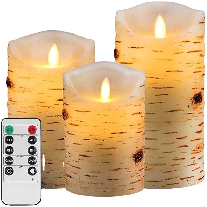 wholesale birch bark design battery operated flameless real wax scented led candle set of 3 with remote