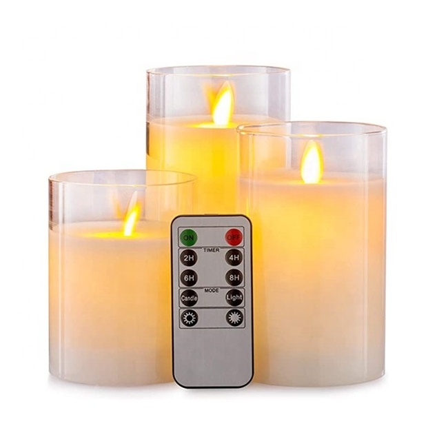 Grey glass Flameless Led Candles Real Wax Moving Flame Pillar Battery Operated Candles with timer remote