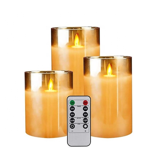 Grey glass Flameless Led Candles Real Wax Moving Flame Pillar Battery Operated Candles with timer remote