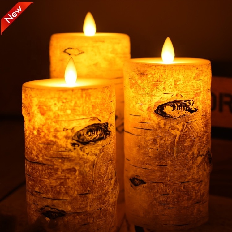 wholesale birch bark design battery operated flameless real wax scented led candle set of 3 with remote