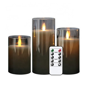 Grey glass Flameless Led Candles Real Wax Moving Flame Pillar Battery Operated Candles with timer remote