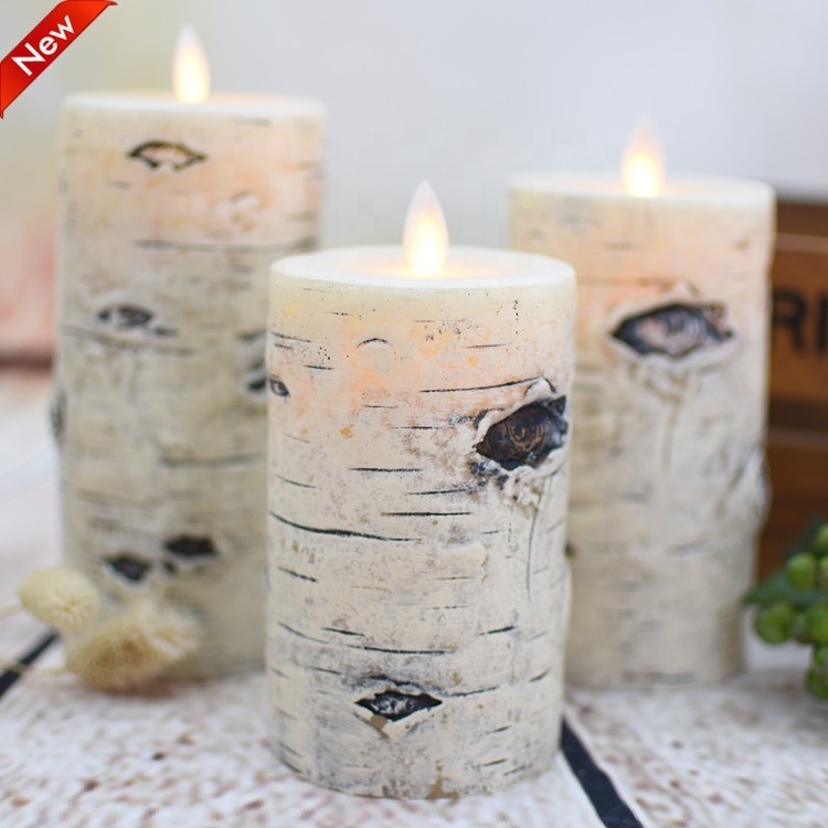 wholesale birch bark design battery operated flameless real wax scented led candle set of 3 with remote