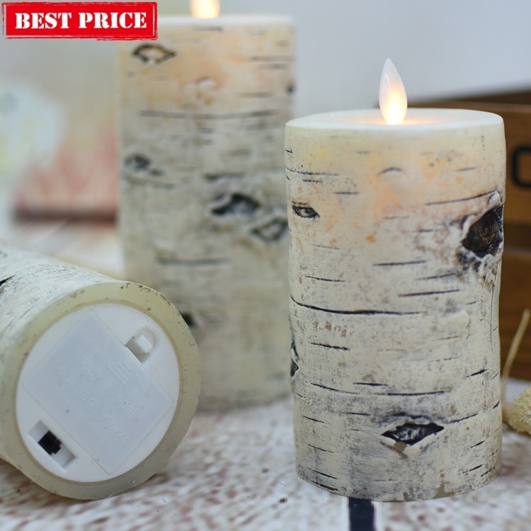 wholesale birch bark design battery operated flameless real wax scented led candle set of 3 with remote